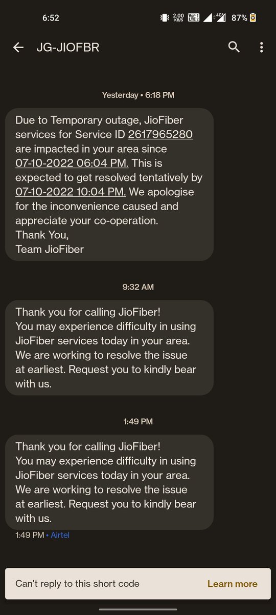 theavanipatel's tweet photo. Still guys you're not responding!!!  You can see that it should have been resolved yesterday at 10.00 PM but still not resolved. Plz help me. #JioFiber #Jiodown #jio https://t.co/Vve0kSPkBO