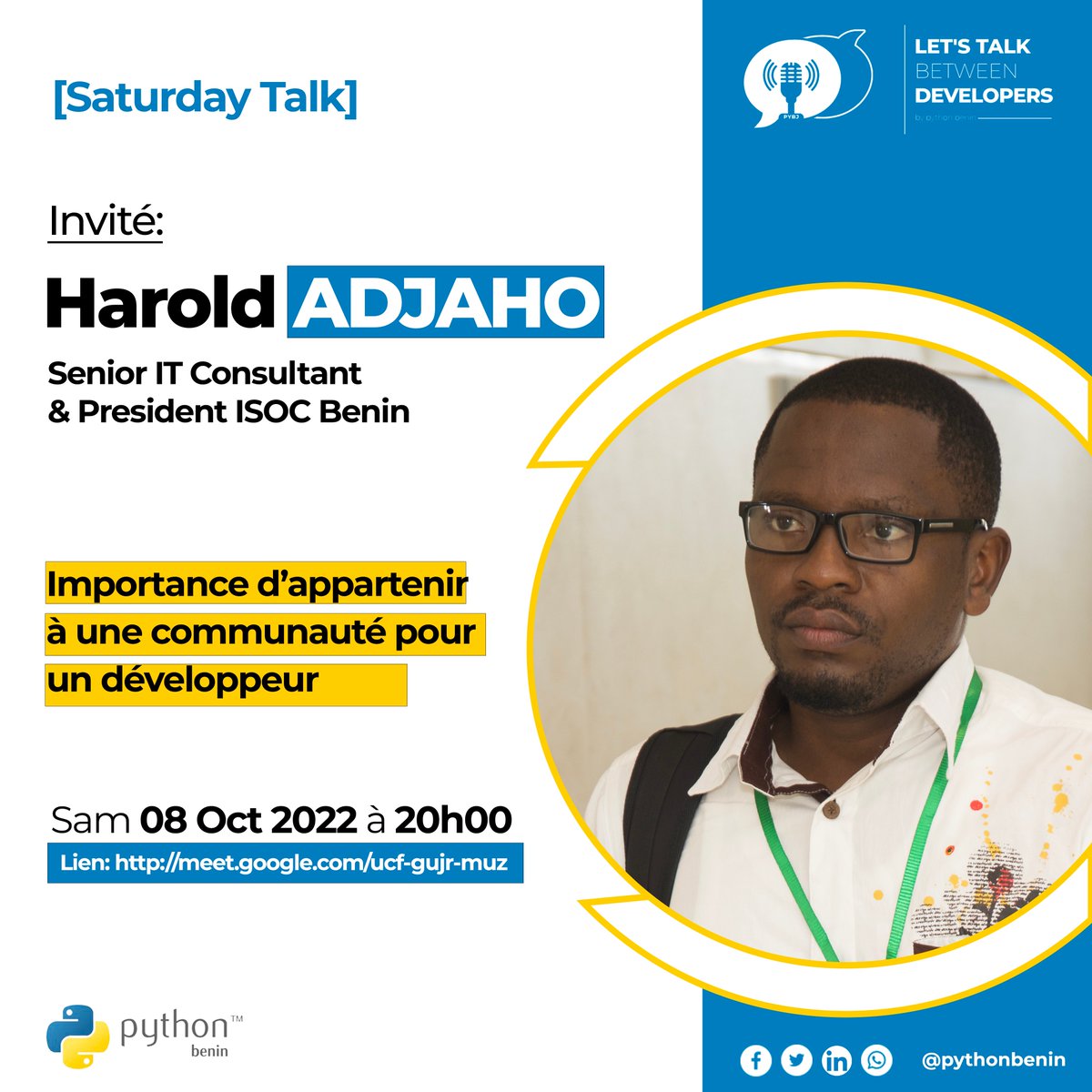 PythonBenin's tweet image. [Saturday Talk] #DeveloperAndCommunity: L&apos;importance d&apos;appartenir à une communauté pour un Dev

Prenez le RDV ce soir 20h00 avec @haroldadjaho 

Rejoignez-nous sur #DiscutonsEntreDev sur le lien: lnkd.in/e9VYc5Th