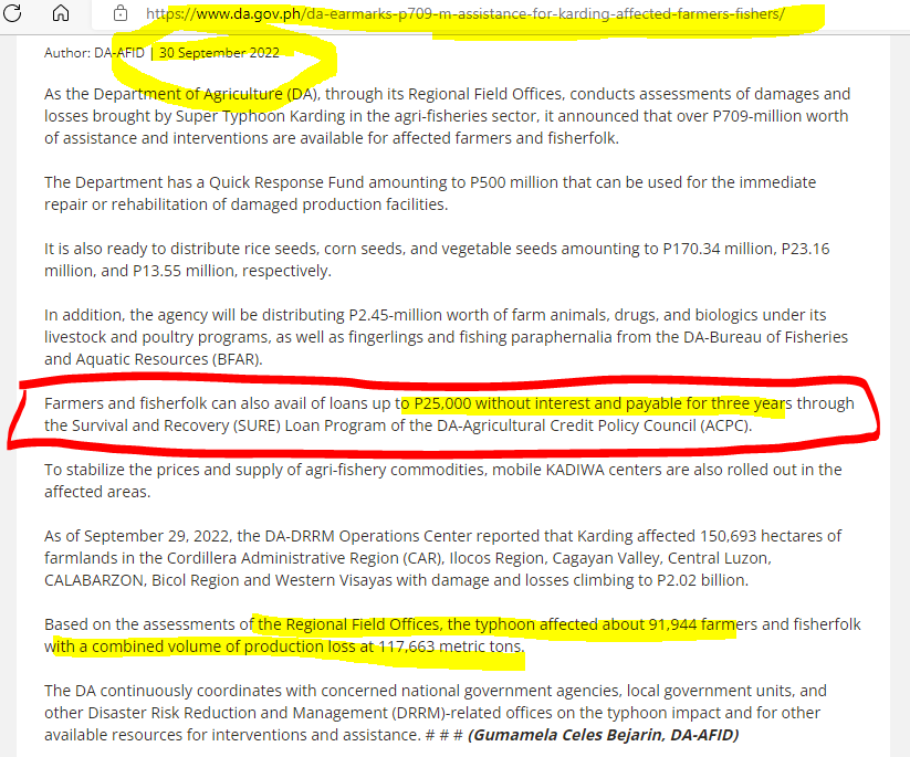 budge_nudge's tweet photo. @Simply_Clinton @bongbongmarcos Speech delivered on Oct 6, while on Oct 3 DA assessed #Karding's damage to agriculture has breached 3 billion pesos based on validated reports from affected regions. Sino na nga Agri Sec.? Tagabasa lang ng speech? 

Guess what direct cash DA offers to farmers (again)? 25k loans! https://t.co/5i6p5U7knz