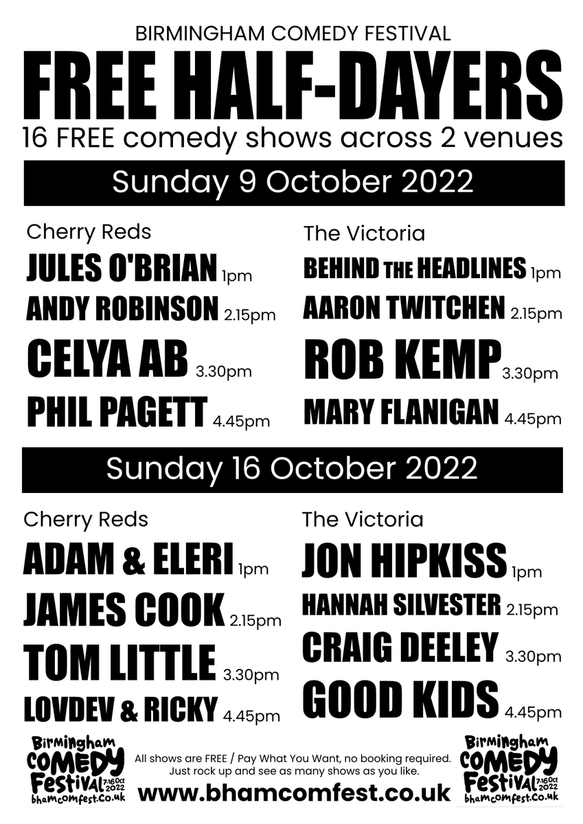BhamComFest's tweet photo. Tomorrow (Sun 9 Oct) at @ilovecherryreds + @TheVictoria it's the 1st FREE HALF-DAYER of the festival.
8x carefully curated 1hr shows.
From 1pm. See as many as you like.
Check out the line-up! https://t.co/h8aAngO2xN