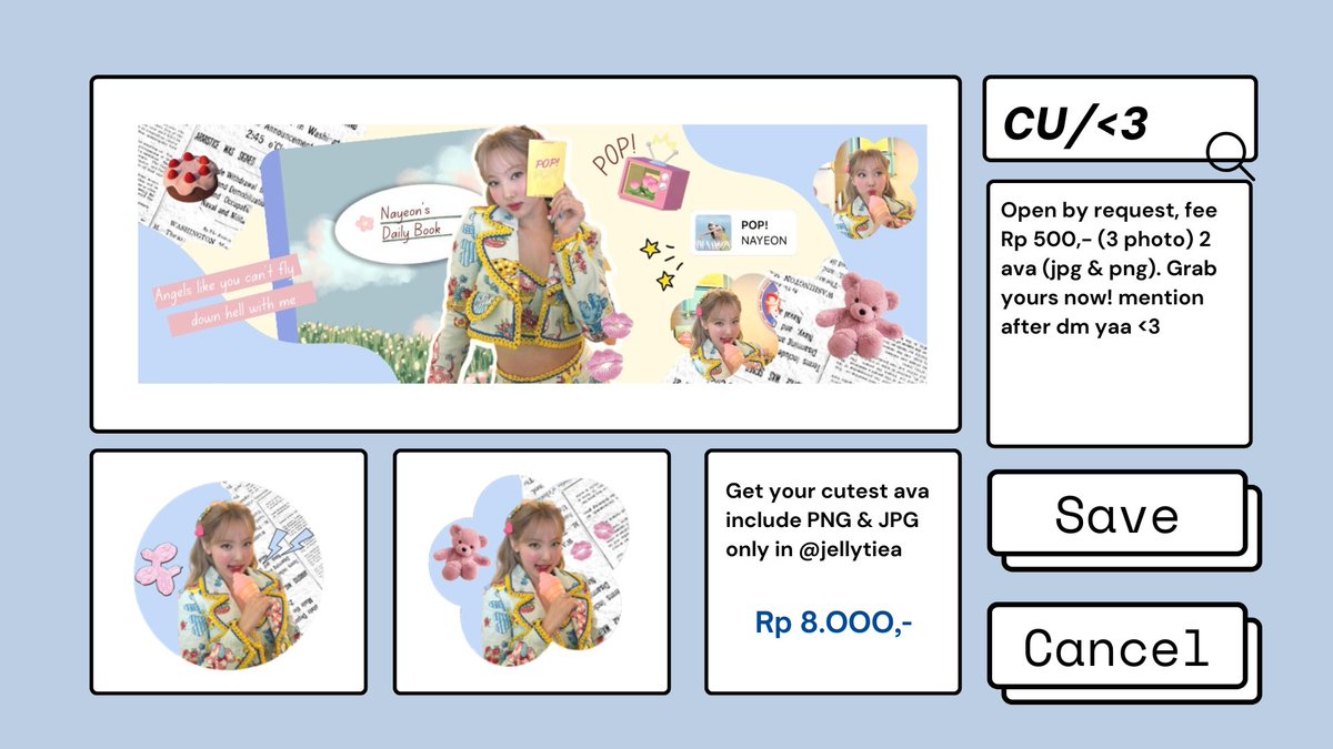 jellytiea's tweet image. Retweet would be highly appreciated♡

Want to sell “CU/&amp;lt;3” layout
• Open by request/ready stock
• Get 2 ava (jpg &amp;amp; png) in 8.OOO ^^
• Do not steal by matchatiea &amp;amp; jellytiea
• Mention after DM
• Fast respon heree! 
#zonauang #zonaba #zonajajan