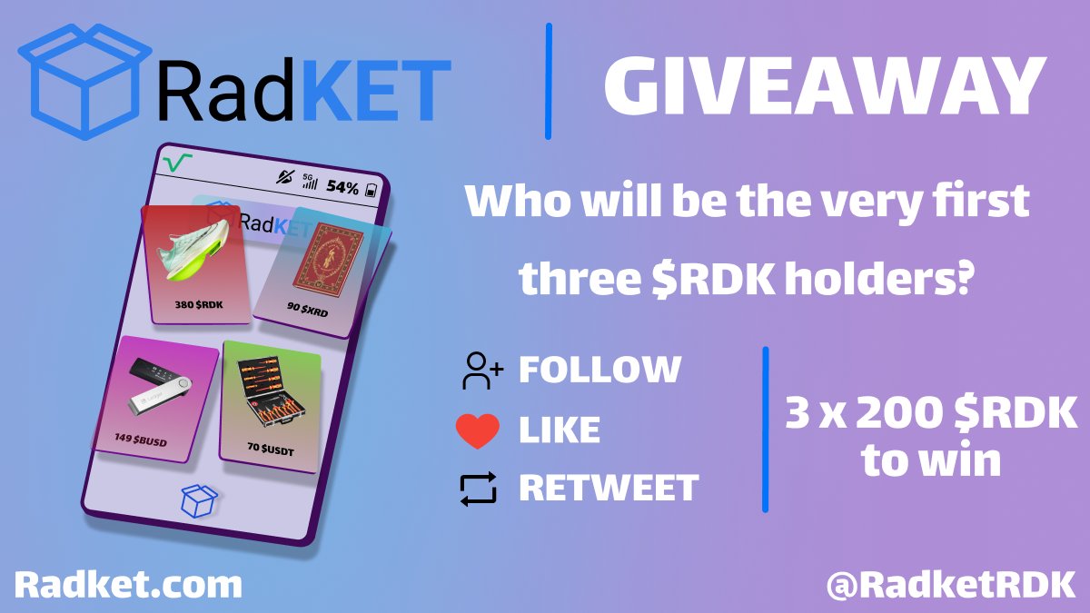 RadKET's first ever giveaway!
Who will be the very first three $RDK holders?

3x 200 $RDK to win

❤️LIKE -  RETWEET - FOLLOW

Ends October 10, 6:00 PM CEST.

#Radix #XRD #Crypto $XRD