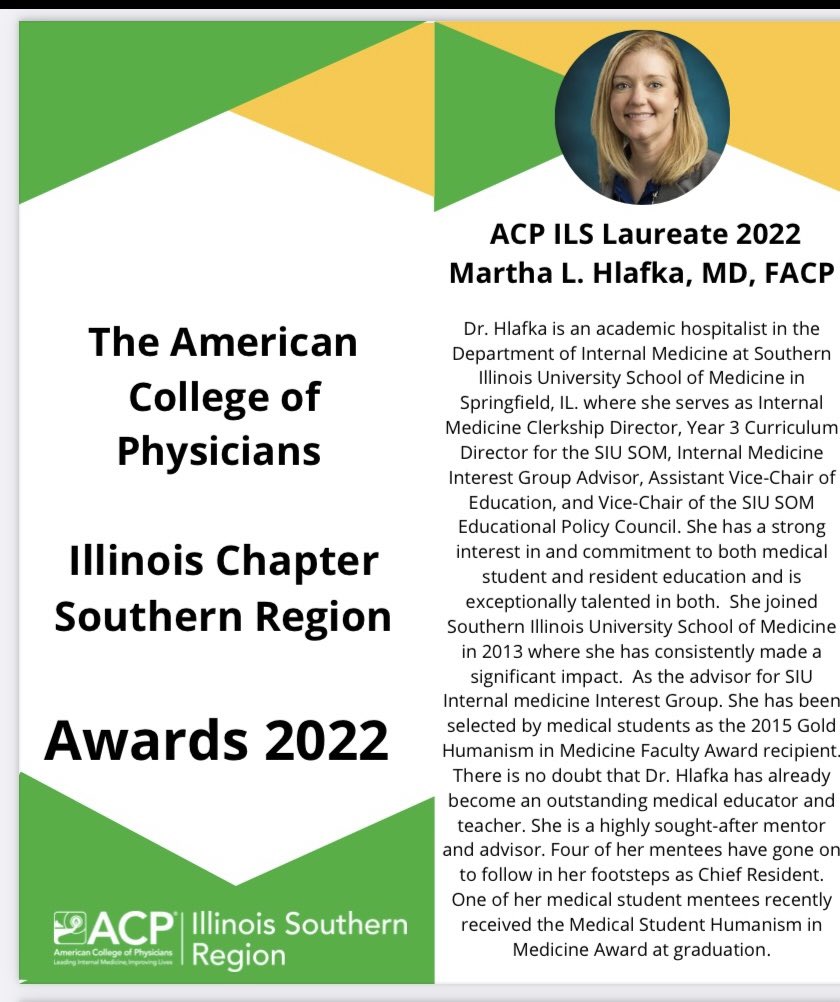 Congratulations to @HlafkaMarti on winning the laureate award for ACP-ILS @siusom_IM @siusom @IllinoisACP #IMPROUD #SIUProud @SusanHingle