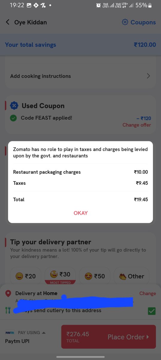 LiveVral's tweet photo. @zomato @zomatocare HOW? Same Total - Same discount. How come 2 DIFFERENT TAXES ON THE SAME FOOD WITH THE SAME PACKAGING CHARGES ? Which Math equations are applied here? #SCAMATO @FinMinIndia https://t.co/tSLPx3hQyh