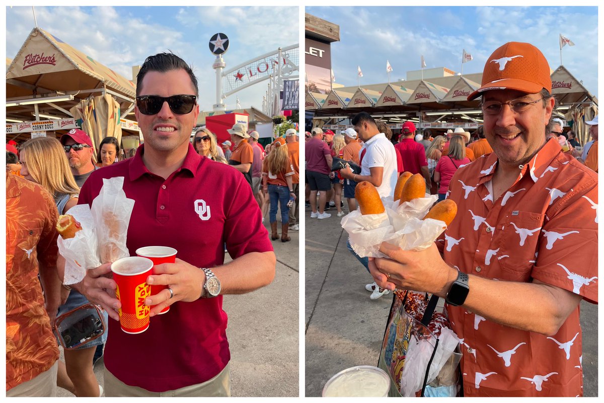 FletchersDogs's tweet photo. One thing both sides can agree on is that a Fletcher’s Corny Dog is today’s #RedRiverRivalry breakfast of champions! Good luck to both teams #HookEm #BoomerSooner https://t.co/BrB8ykzFKJ