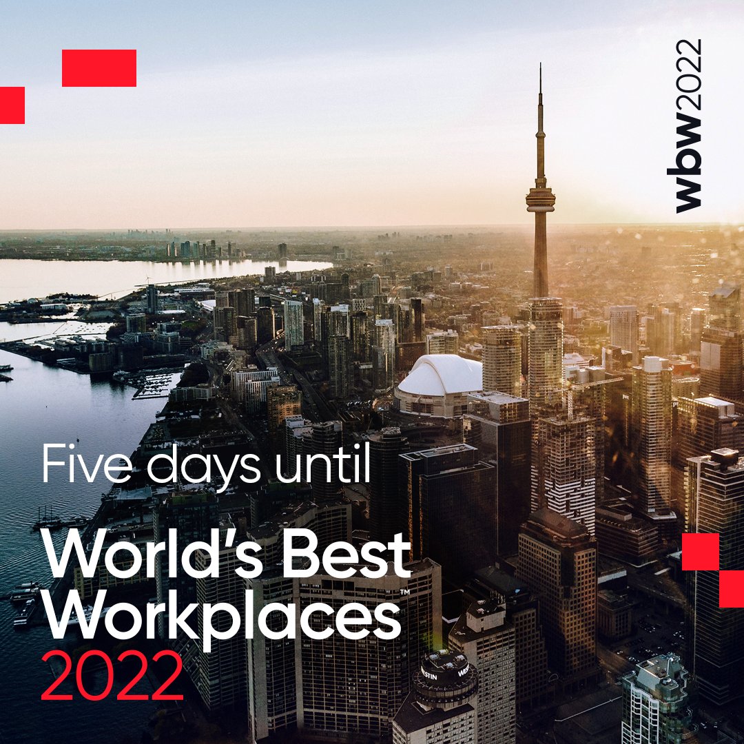 GPTW_US's tweet photo. 📢 The countdown begins! We are 5 days away from announcing the World’s Best Workplaces ™ 2022 List! 📣

Learn more: https://t.co/fcOCe12JbC

#WorldsBestWorkplaces #GPTWcertified #GPTW4ALL https://t.co/bU1F89S1pv