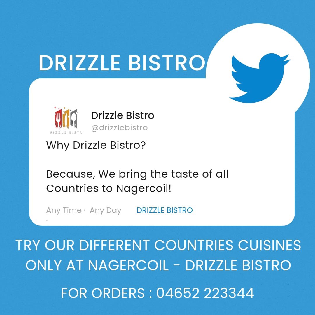 DrizzleBistro's tweet photo. Why Drizzle Bistro? #restaurant #nagercoil #foodsofnagercoil #bistro #worldcusine #globalcusine #restaurant  #goodfood #pasta #pizza #chinesefood #bbq #healthyfood #kanyakumari #nagercoilbistro #drizzlebistro https://t.co/UFVoNapUwr