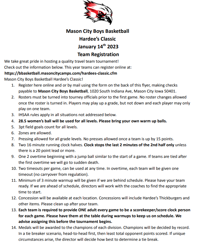 coreyminer22's tweet photo. Sign up for the Mason City Hardee's Classic Boys Basketball Tourney! Jan 14th. Click link below to register! https://t.co/YyS3pX8i4L https://t.co/8l91LeiFVW