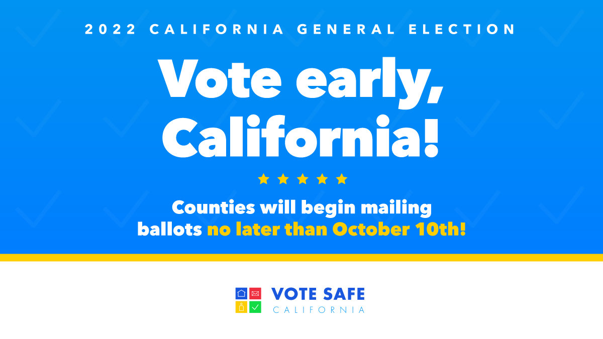 Are you ready to vote early? Verify your voter status at VoterStatus.sos.ca.gov and make sure nothing stands between you and receiving your ballot. Counties will begin mailing ballots no later than October 10th! #VoteSafeCA #MoreDaysMoreWays