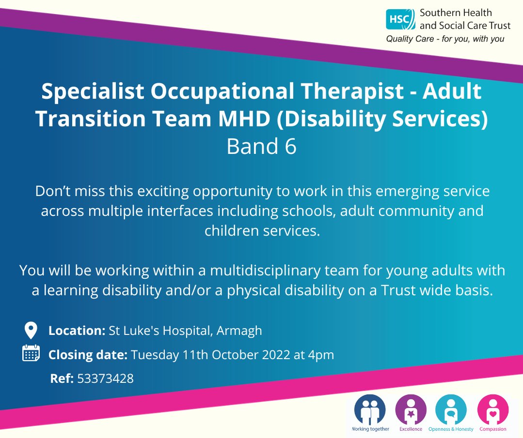 📣 Our disability services team are searching for a Band 6 Specialist Occupational Therapist - Adult Transition Team MHD (Disability Services). 🔗For more information and to apply visit: bit.ly/3ElOU3m

#teamSHSCT #occupationaltherapist <a href="/RCOTNIreland/">RCOT Northern Ireland</a>