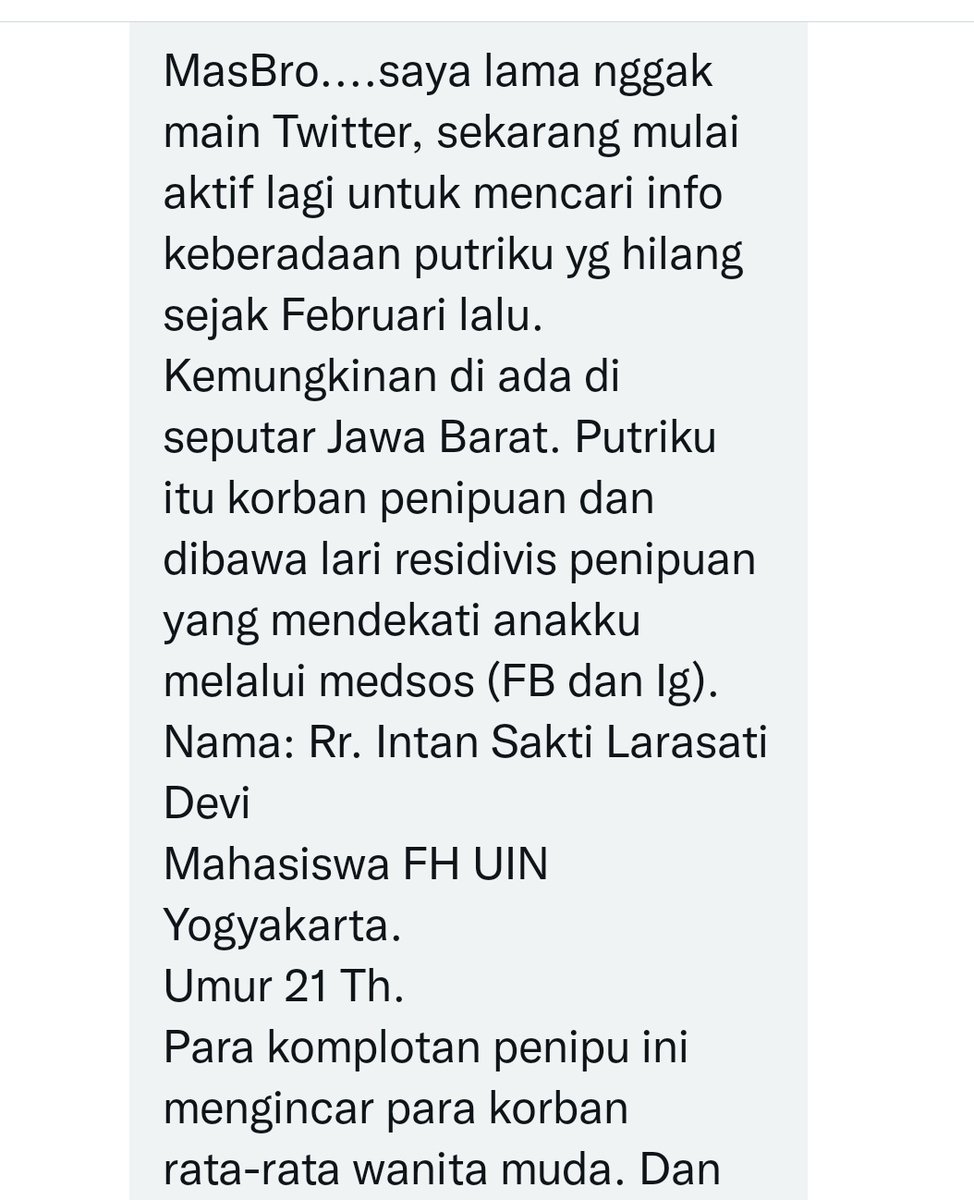KangSemproel's tweet photo. Twitter
Let's do our magic
Seorang temen TL men DM (Monmaap DM yg sipatnya PRIVASI saya share)
Dia minta tolong segenap temen dan rekan di TL untuk bisa menemukan anaknya yg hilang sejak Februari lalu.
Diduga anaknya sekarang ada di wilayah Jabar
Sok atuh Lurdz... yuk bantuan https://t.co/u5YNhyZG8z