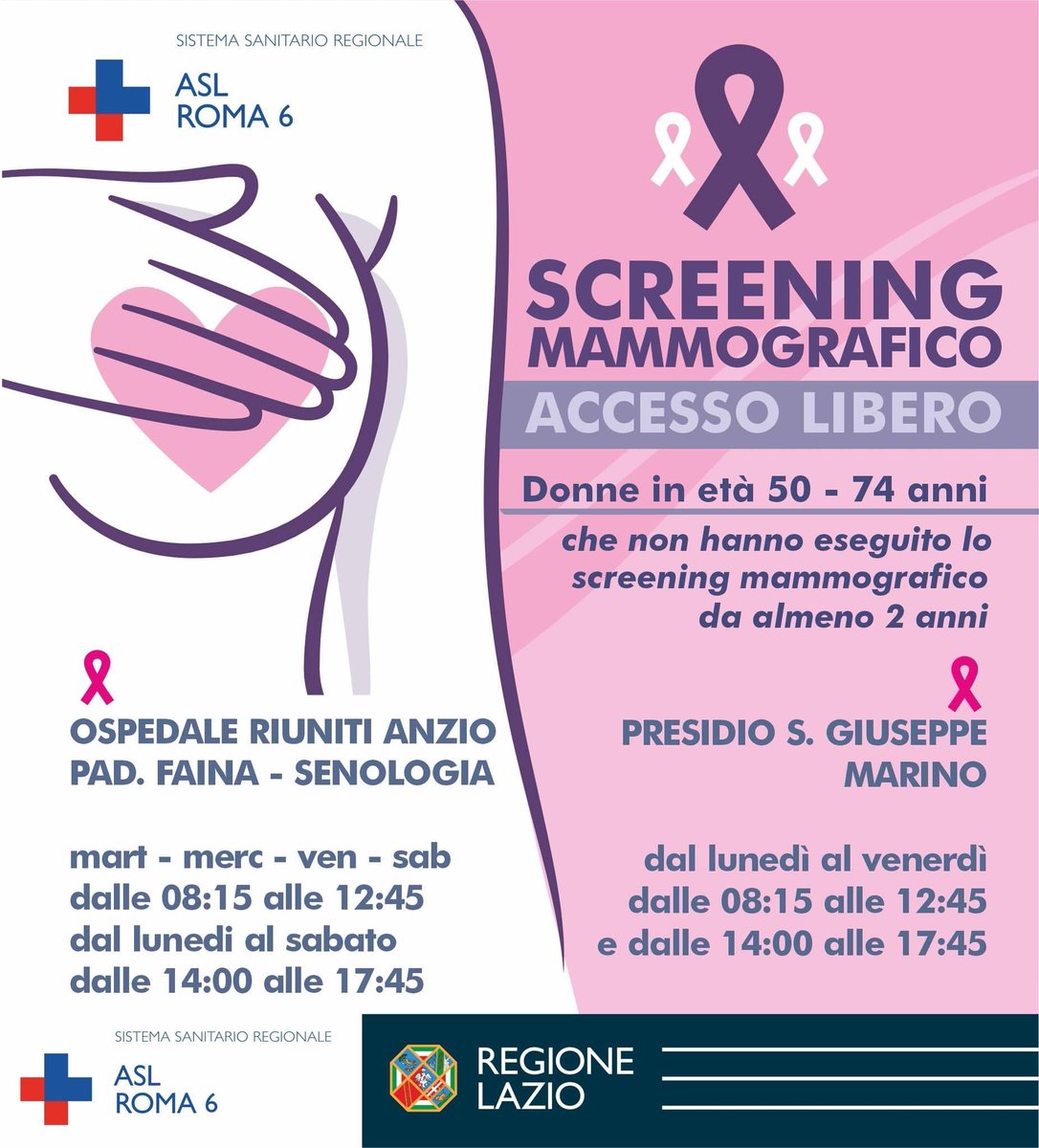 AslRoma6's tweet photo. Da lunedì 10 ottobre #mammografia ad accesso #libero senza appuntamento!

#donne 50/74 anni
Residenti #aslroma6 https://t.co/eQGscrU02w