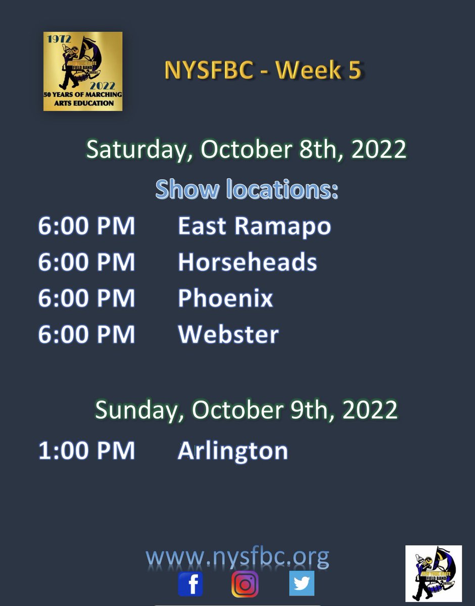 Week 5! Good luck to all of the performing bands this weekend! Stay warm out there! #NYSFBC2022 #50years