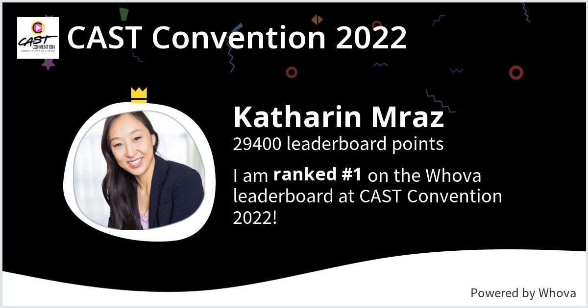 Ladie_K's tweet photo. I ranked #1 on the Whova leaderboard at CAST Convention 2022! #CASTCON2022 #CASTConvention @castconvention - via #Whova event app https://t.co/I2CUYnsqvl
