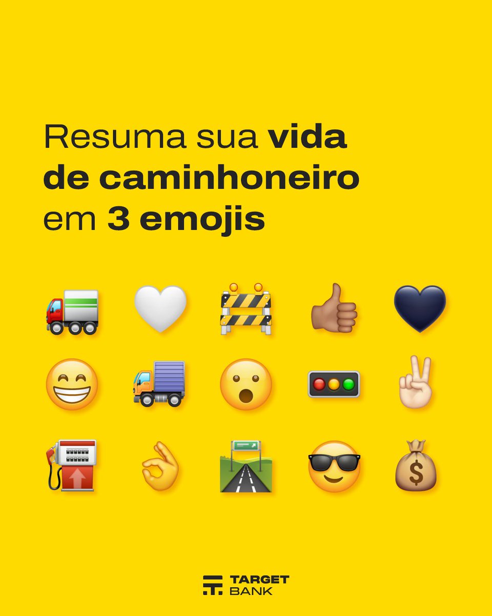 target_bank's tweet photo. Conta pra gente, como é a vida do caminhoneiro? Você só tem 3 emojis pra isso! 🤔🚛💛

#Caminhoneiro #Transporte #TargetBank #TargetTruck https://t.co/RV0Hc47ZsM