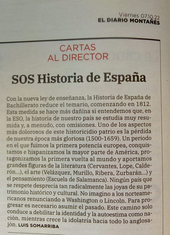 Juancorreillo's tweet photo. S.O.S Historia de España: ¡Lean por lo que más quieran! Esta carta al director de "El Diario Montañés" es de ayer. https://t.co/E838A3zIcA