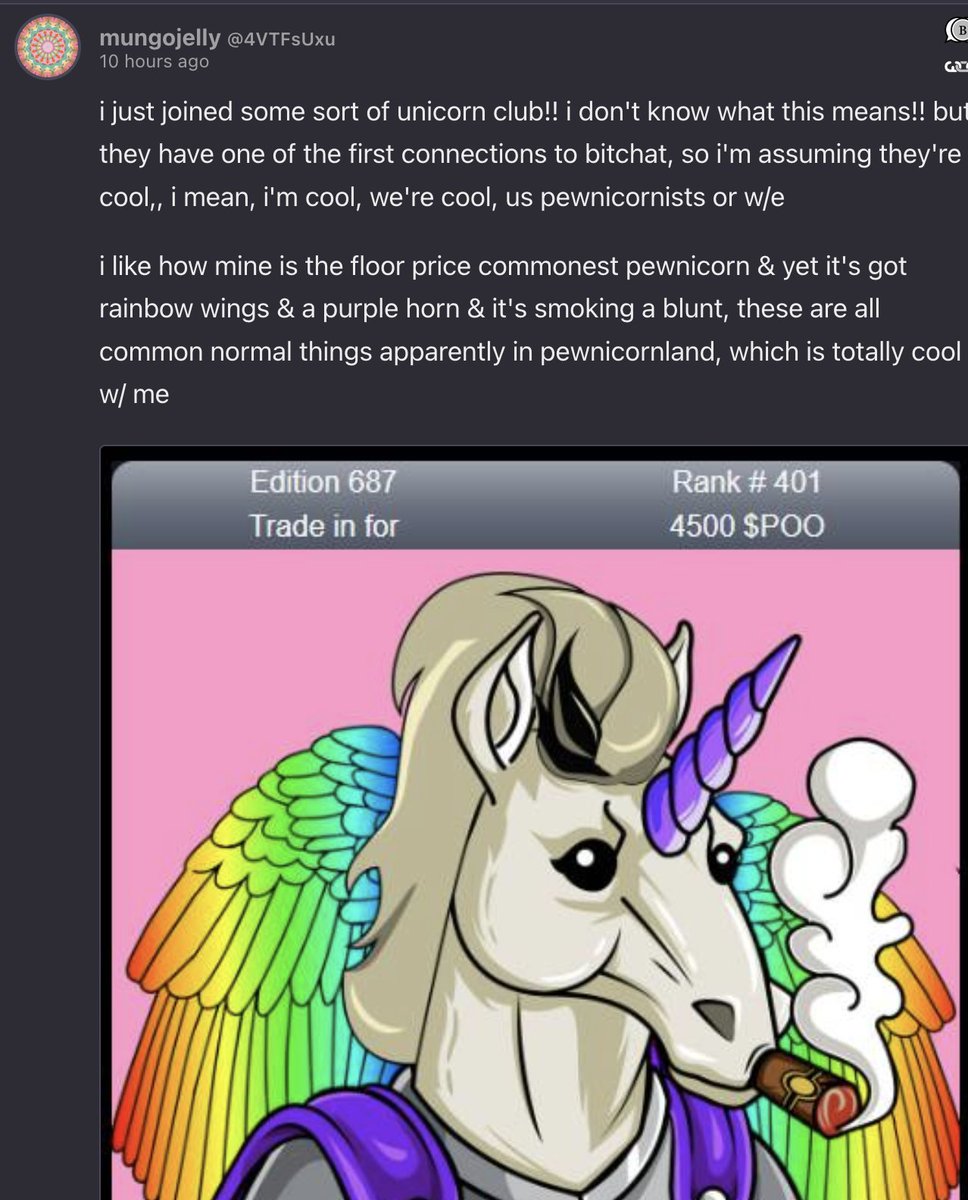 #Pewnicorns get 🧡love🧡 on BlockPost.network too!
Thanks <a href="/mungojelly/">Mungojelly</a> :D

Have you created an identity on <a href="/BlockPost_Net/">BlockPost</a> yet? 
blockpost.network/post/cdb3a7618…