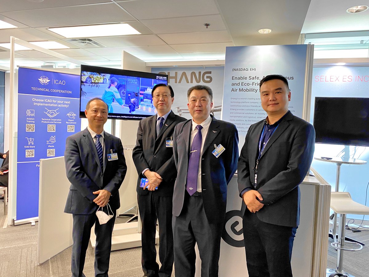 ehang's tweet photo. #A41 We are glad to have the CAAC delegation to the @icao Assembly visit #EHang’s booth. Many thanks to CAAC delegates for their support and confidence in the #EH216-S airworthiness certification. 

Congratulations to #ICAO on adopting the #NetZero 2050 global aspirational goal! https://t.co/LsrItzNISw