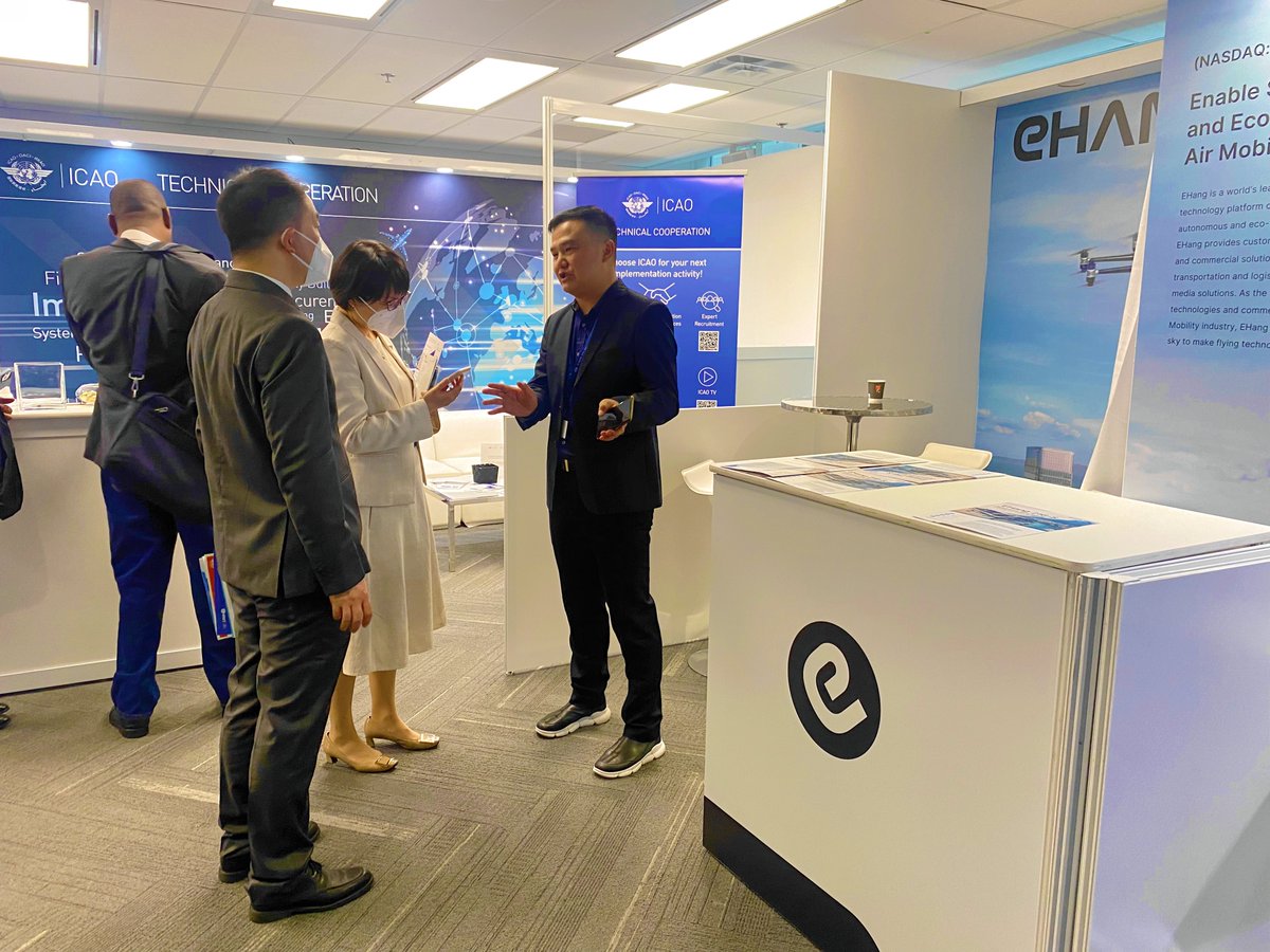 ehang's tweet photo. #A41 We are glad to have the CAAC delegation to the @icao Assembly visit #EHang’s booth. Many thanks to CAAC delegates for their support and confidence in the #EH216-S airworthiness certification. 

Congratulations to #ICAO on adopting the #NetZero 2050 global aspirational goal! https://t.co/LsrItzNISw