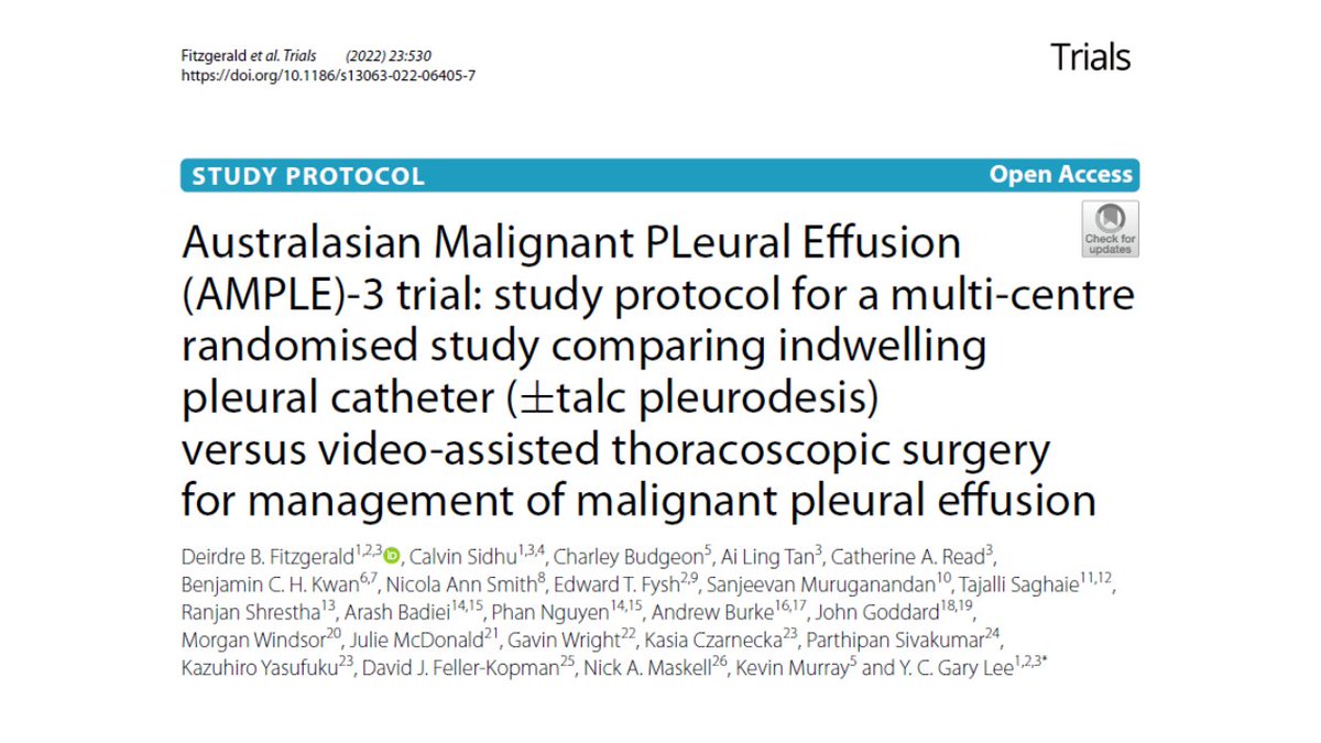 Australasian #Malignant PLeural Effusion (AMPLE)-3 randomized trial protocol published. Comparing VATs pleurodesis vs IPC (+/-talc) in patients with malig #effusion and expected survival &gt;6 mths. A polarized subject in desperate need of head-to-head comparison. Join us! #pleura