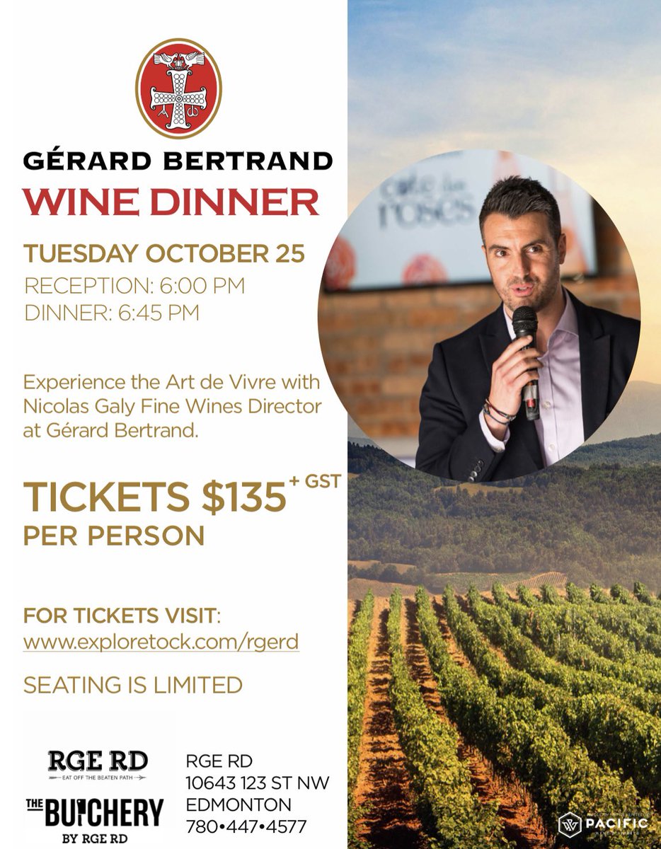 caskandbarrel73's tweet photo. We are almost sold out for the Gerard Bertrand Wine Dinner happening on October 25th at RGE RD. Join us as Fine Wine Director Nicolas Galy takes us through the history and the wines paired with several courses for the evening. @PWS_Canada @GerardBertrandO  @RGE_RD https://t.co/kZ5sea70iM