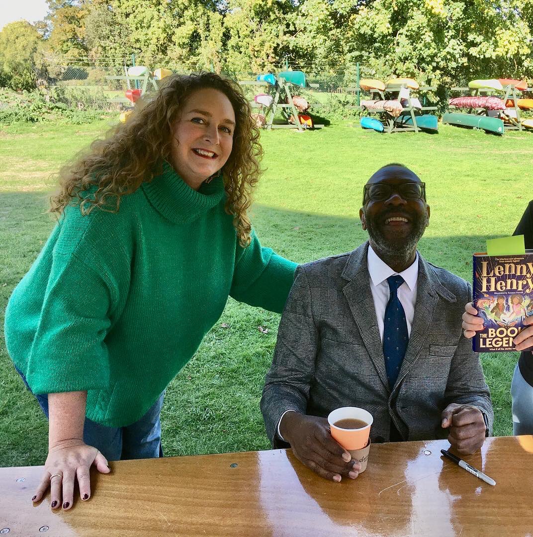 The legendary @LennyHenry (with strong Trevor McDoughnut vibes) at the @henleylitfest today - fantastic jokes, chat and story telling from his childrens books “The Boy with Wings”and “The Book of Legends”. 
Absolute joy 🥰 
My 40 year crush!#LennyHenry #thebookoflegends 📚