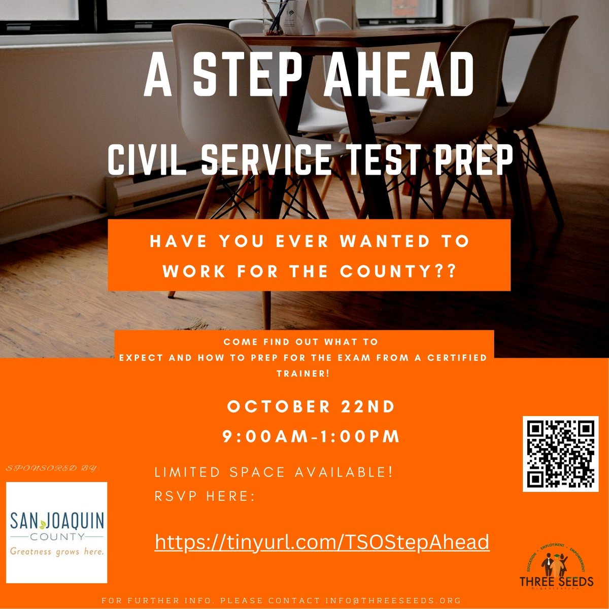 We are hosting a Civil Service test prep class in San Joaquin county, if interested please RSVP asap because space is limited. 
tinyurl.com/TSOStepAhead