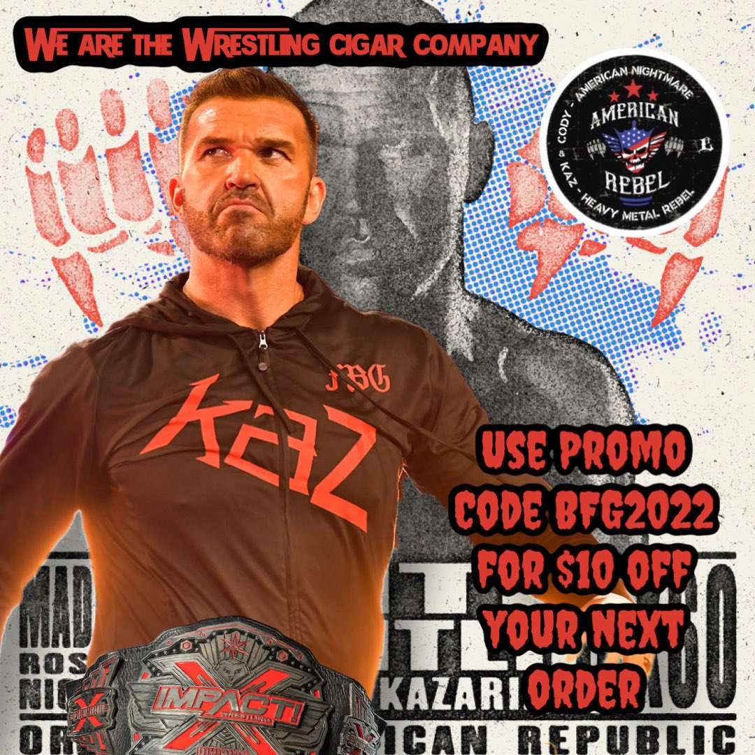 CigarsRebel's tweet photo. Let’s all carry on celebrating @FrankieKazarian big win last night to be come the new X-Division Champion.Through out this weekend get those preorders in so you can be smoking your 1st or your next American Rebel Cigar!Use promo code BFG2022!Celebrate Good Times! #ANDNEW #CIGARS https://t.co/Qlku3p5rVg