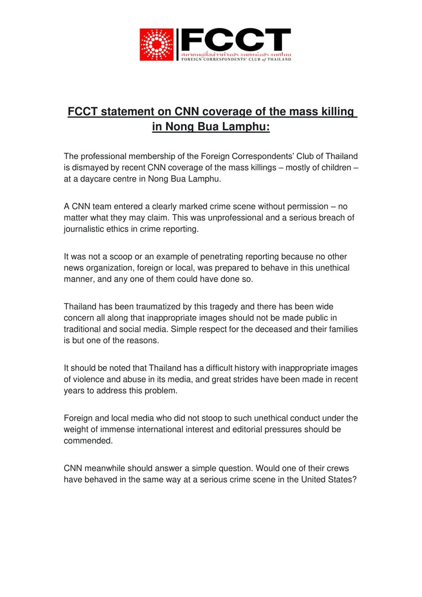 FCCThai's tweet image. Our statement on the CNN coverage of the mass killing
in Nong Bua Lamphu ##กราดยิงหนองบัวลําภู: