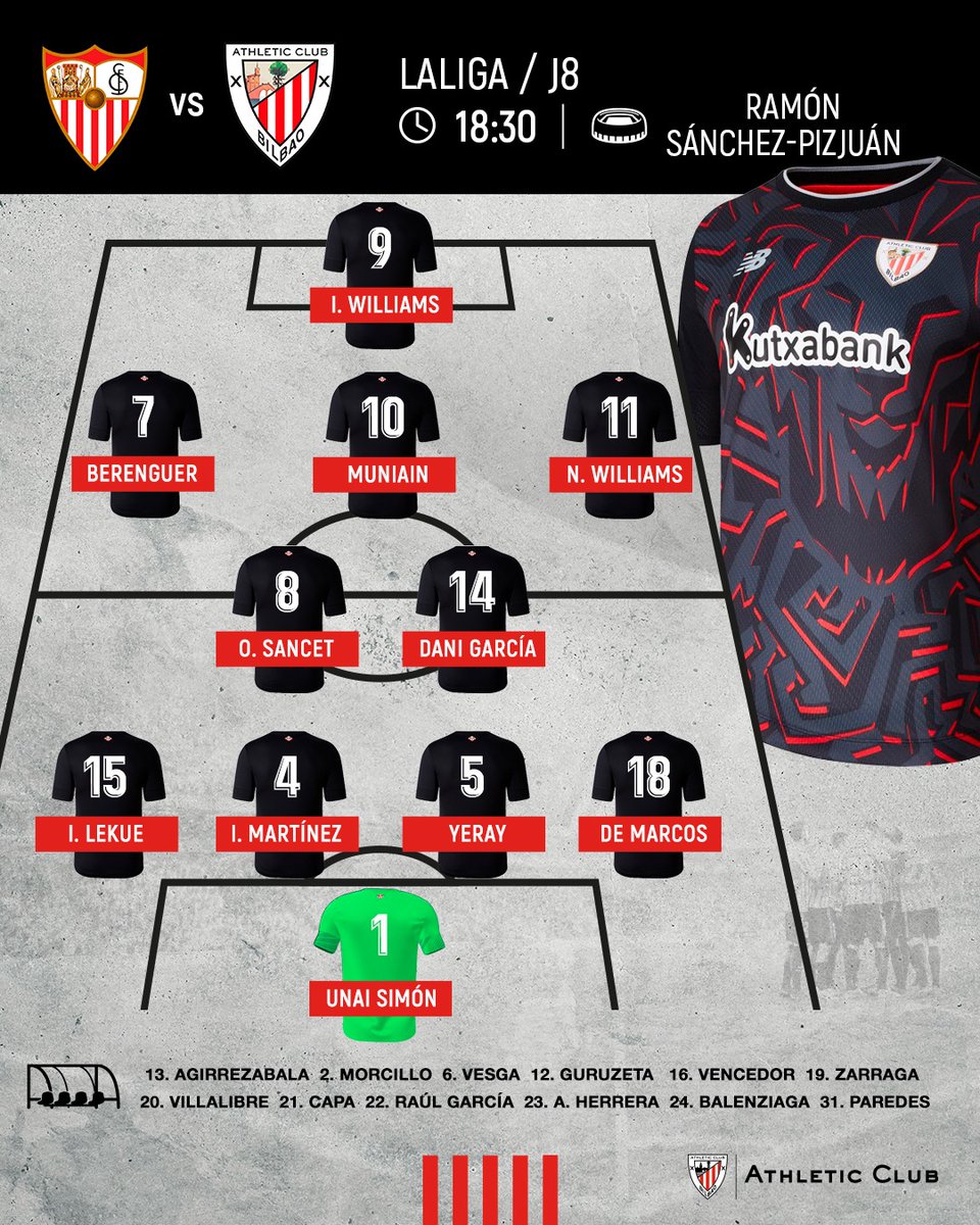 AthleticClub's tweet photo. ALINEACIÓN I Los 1⃣1⃣ leones que buscarán de inicio la victoria en el Sánchez-Pizjuán frente al @SevillaFC 

#SevillaFCAthletic #AthleticClub 🦁 https://t.co/w5Em082ZF0