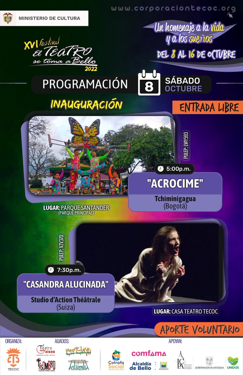 ¡Es hoyyyy!

Llegó nuestro primer día y lo inauguraremos con una programación de lujo. ¡Vengan! Los vamos a estar esperando para disfrutar del teatro juntos.

Apoyan: <a href="/mincultura/">MinCultura Colombia</a> <a href="/AlcaldiadeBello/">Alcaldía de Bello</a> <a href="/Culturantioquia/">ICPA - Instituto de Cultura y Patrimonio Antioquia</a> <a href="/Comfama/">Comfama</a> <a href="/cotrafasocial/">Cotrafa Social</a>