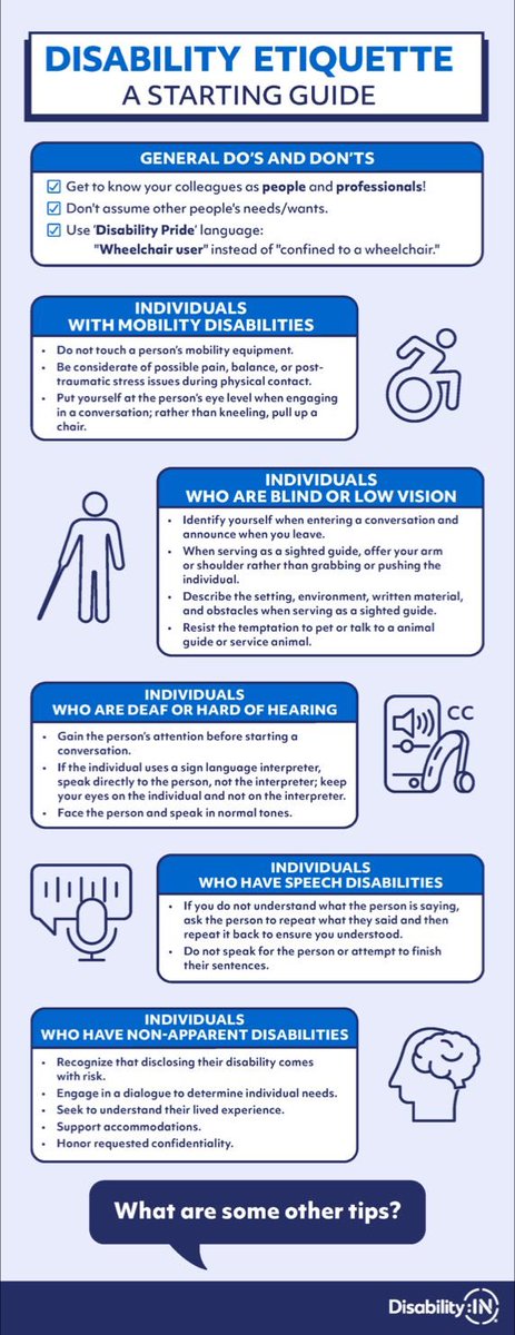 As you may be aware, October is National Disability Employment Awareness Month! Please take a look at this great Disability Etiquette starting guide from Disability:IN  to help you collaborate better with those around you!
#inclusion #equity #inclusion #accessibility #DEI