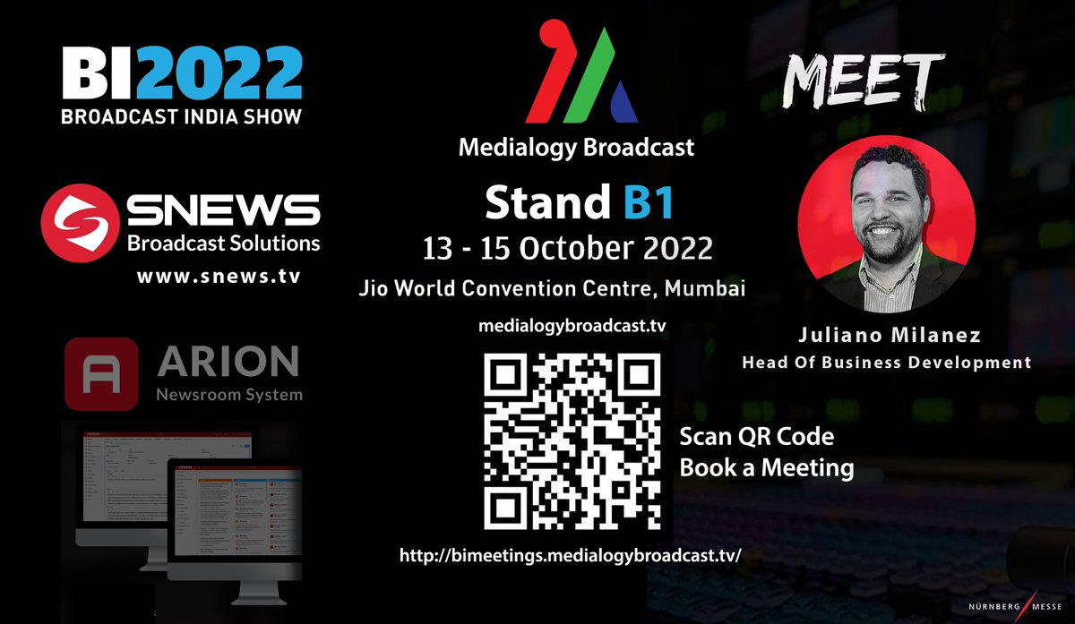 Book a Meeting with Juliano Milanez from @snews at @medialogyuk -Stand B1-@broadcastindia bimeetings.medialogybroadcast.tv
#bishow2022 #medialogy #broadcastmedia #snews #nrcs #newsautomation #indiannewchannels #mumbaiexpo #tvproduction #saarc #india #broadcast #mumbai #newsroom #newsmedia