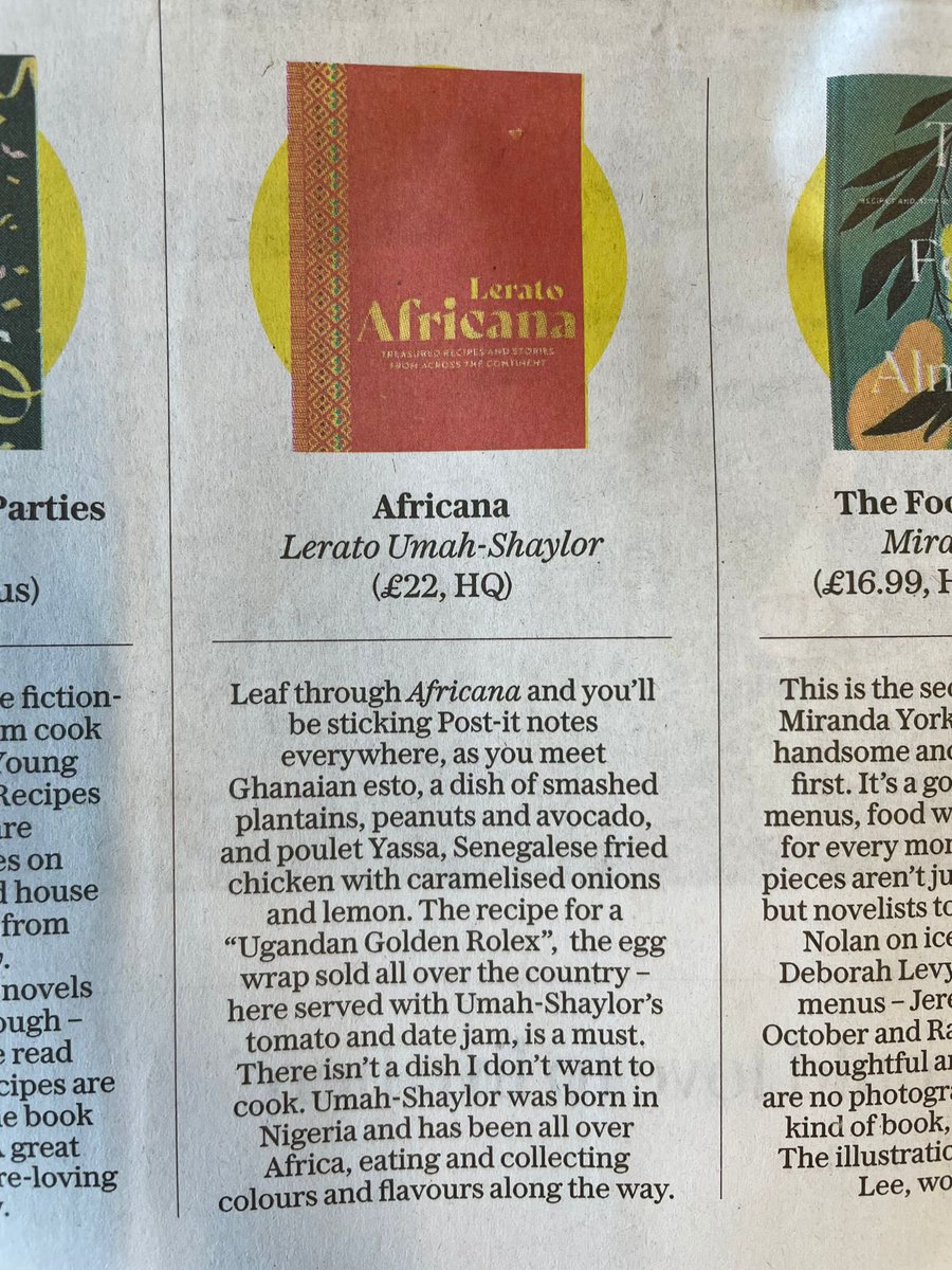 Lerato (@leratofoods) on Twitter photo Thrilled to see my new cookbook AFRICANA in such stellar company in <a href="/DianaHenryFood/">Diana Henry</a> BEST COOKBOOKS of Autumn 2022 in <a href="/Telegraph/">The Telegraph</a> “There isn’t a dish I don’t want to cook!”
Wow wow wow!!!!! 💛🙏🏽❤️💃🏽#african #food #Bestcookbook Thrilled to see my new cookbook AFRICANA in such stellar company in <a href="/DianaHenryFood/">Diana Henry</a> BEST COOKBOOKS of Autumn 2022 in <a href="/Telegraph/">The Telegraph</a> “There isn’t a dish I don’t want to cook!”
Wow wow wow!!!!! 💛🙏🏽❤️💃🏽#african #food #Bestcookbook