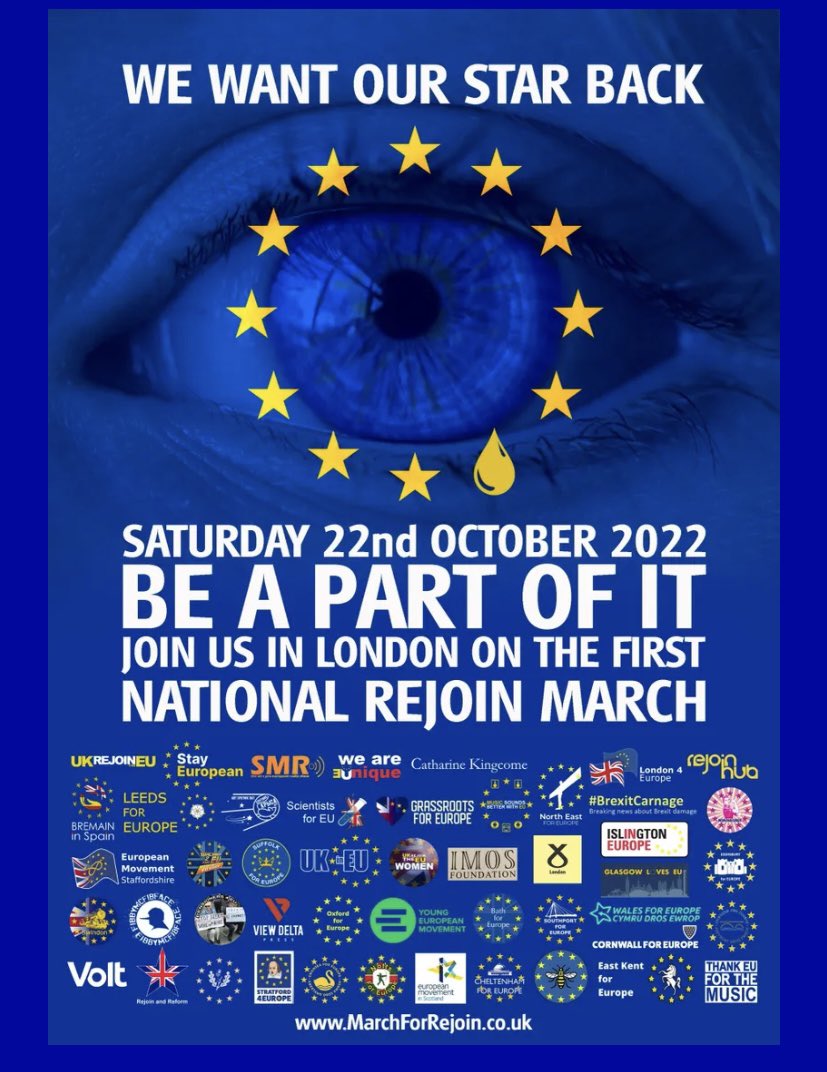 Two weeks to go!
Join us for the March to #RejoinEU
Even #Truss has recognised that we need closer ties with #Europe
Arch #Brexiteer #SteveBaker has apologised over ‘his strident stance during Brexit’ (Irish Times) suggests the tide has turned somewhat 
Let’s demand our star back
