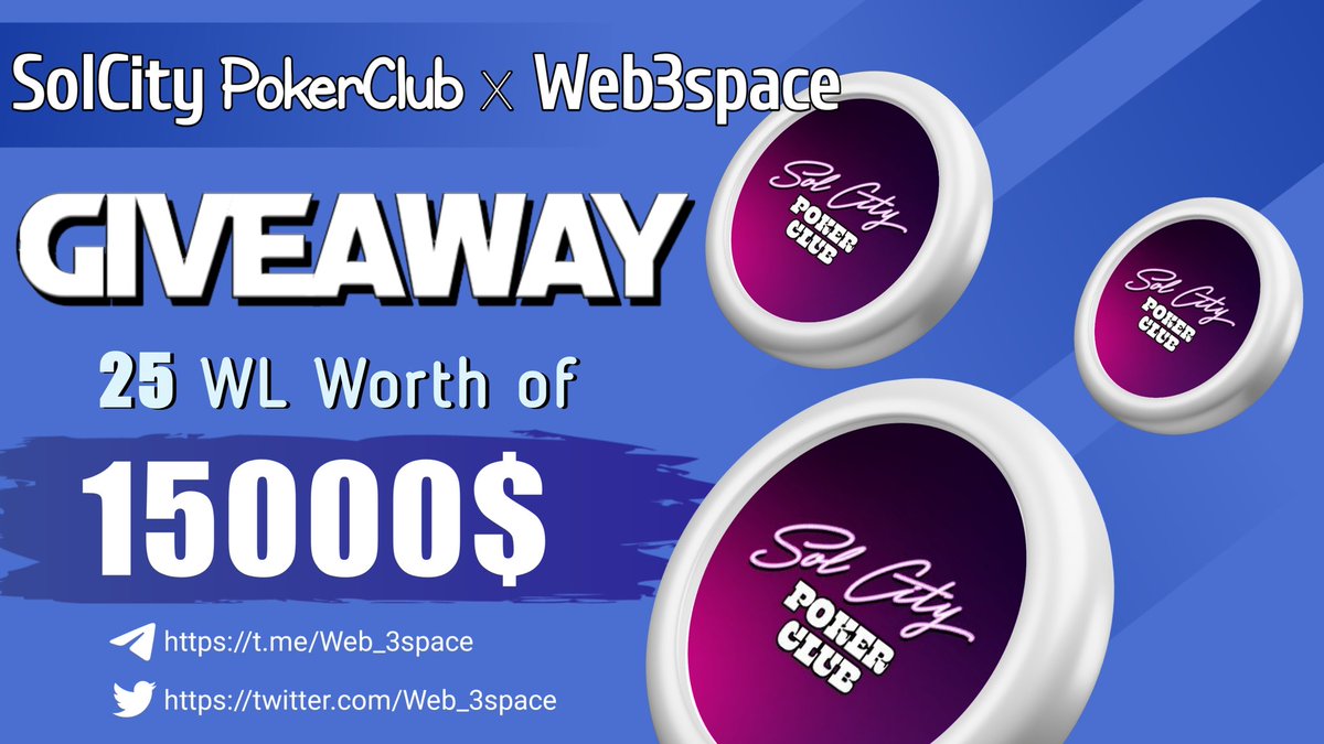 😱😱 Massive #Giveaway

🤩🤩 Total Giveaway Pool - 25WL worth of 15000$ -- (G-1 Already listed on ME - Floor Price 20 SOL). 

To Enter ⤵️
➡️ Follow <a href="/Web_3space/">WEB3 Space</a> &amp; <a href="/SCPokerClub/">Sol City DAO</a>
➡️ Like, RT &amp; Tag 3 Friends
➡️ Finish Gleam : wn.nr/zUFJXZ

10th OCT ⏰

#Giveaways #FreeMint