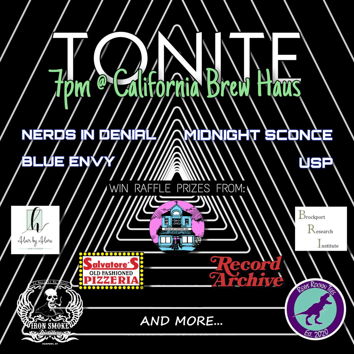 nerdsindenial's tweet photo. TONIGHT'S THE NIGHT‼️
Come ooon down to The California Brew Haus  to listen to some tasty jams and support the band with raffle prizes!
A PLETHORA OF PRIZES AWAITS from local businesses such as @houseofguitars @recordarchive @Salvatores Iron Smoke Distillery, BRI and MORE! https://t.co/jr1FaNWQ9M