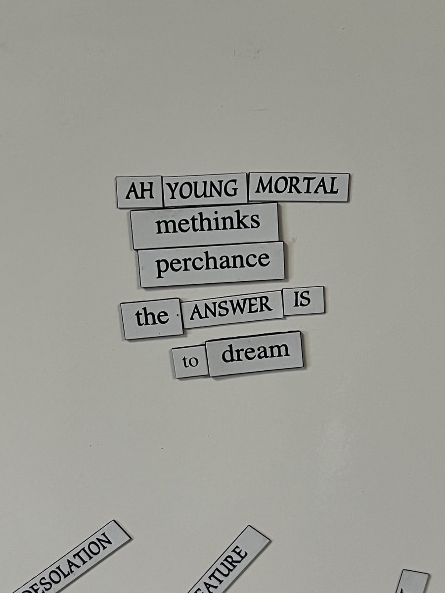 UNW_English's tweet photo. Someone visited Dr. Jones' office and made this on the #ShakespearePoetryBoard. It's a little bit Man of La Mancha and a little bit Midsummer Night's Dream. https://t.co/t10Nj54Asx