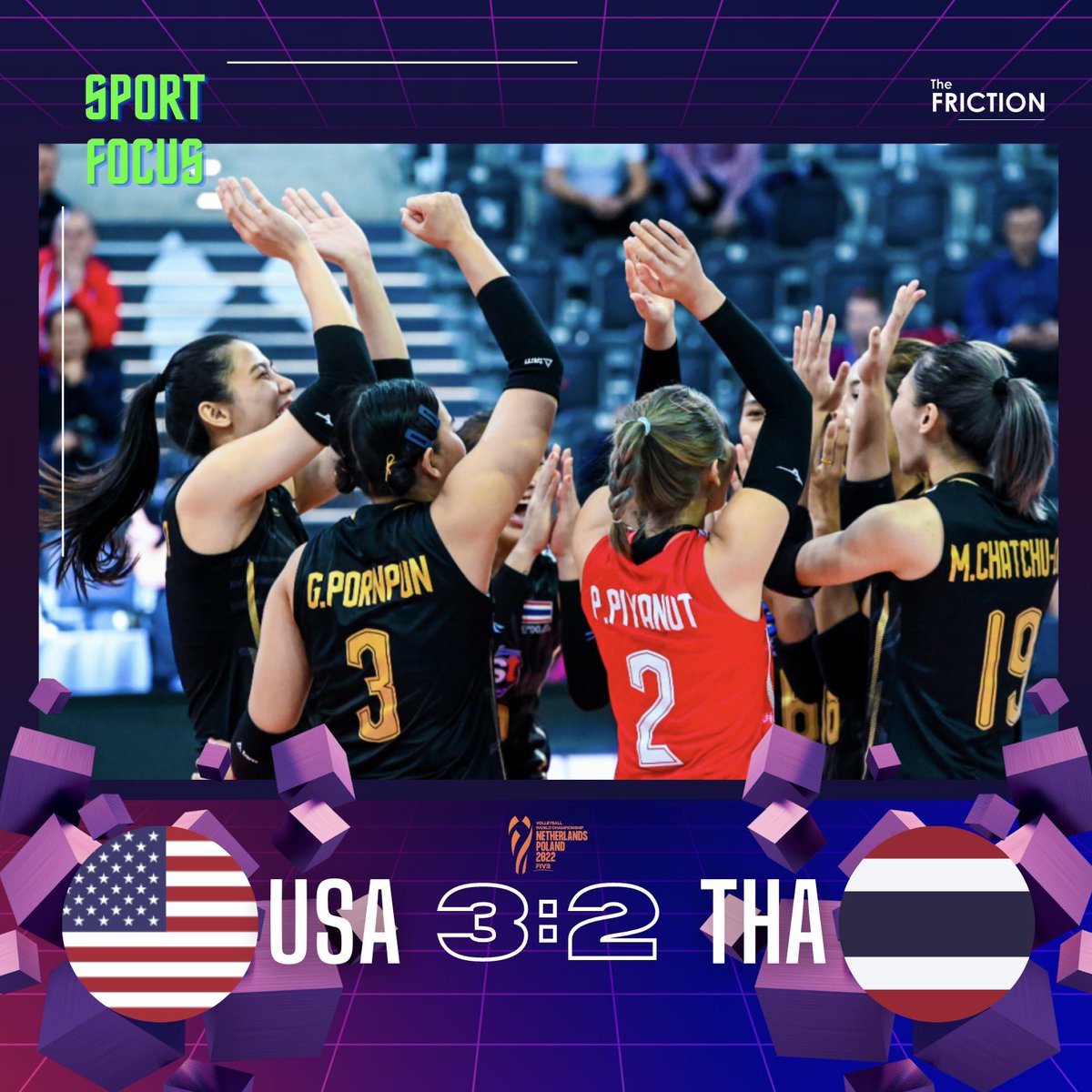 thefrictionth's tweet photo. SPORT FOCUS : ผลการแข่งขันวอลเลย์บอลหญิงชิงแชมป์โลก 2022
.
🇺🇸 USA 3 : 2 THA 🇹🇭
[ 23:25 , 21:25 , 25:19 , 27:25 , 15:13 ]
.
#วอลเลย์บอลหญิงชิงแชมป์โลก2022 #วอลเลย์บอลหญิง #TheFRICTION https://t.co/MkryktzvMY