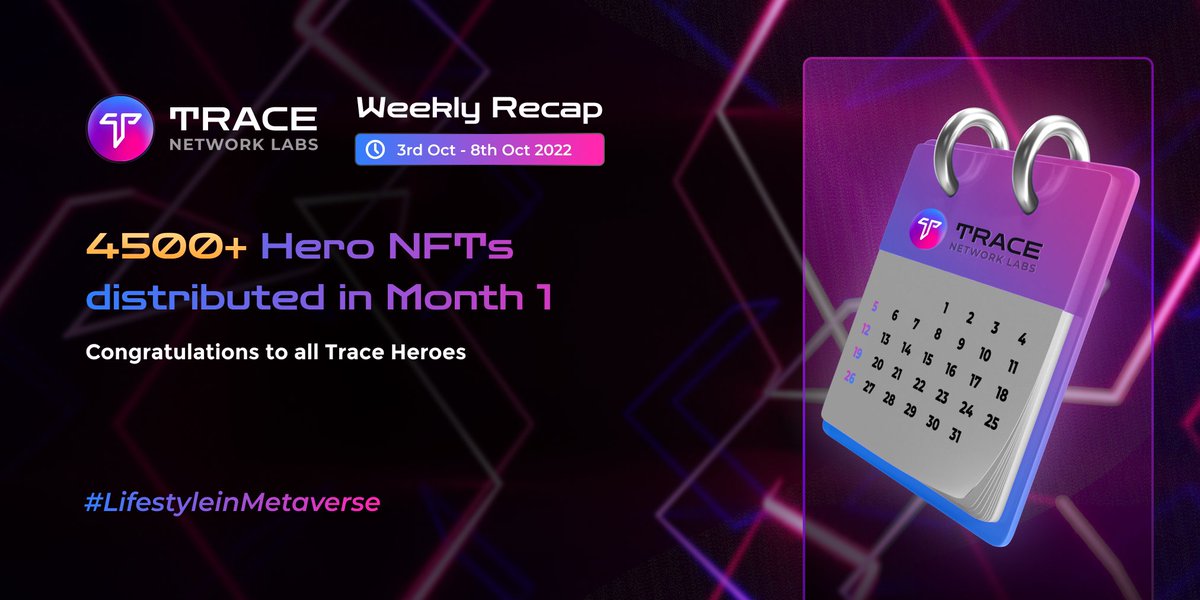 trace_network's tweet photo. 6/✨#TraceThisWeek - #HeroNFTs Distribution✨

🔥4500+ #HeroNFTs were distributed in Month 1 to our Heroes for their contributions..

You 🚀🚀the #TraceHeroes Program..

More activities for #HeroNFTs coming up..

👉 https://t.co/dKOChwFDuE

#LifestyleInMetaverse https://t.co/bqtnLmGBvJ