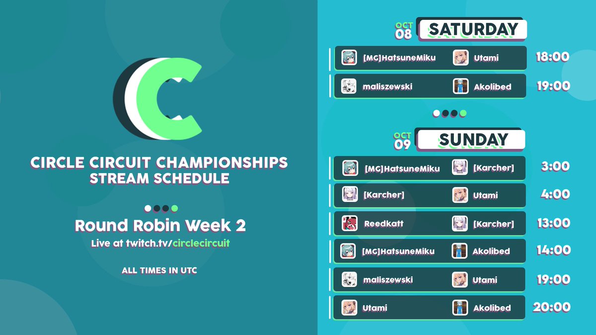 CircleCircuit_'s tweet photo. The second weekend of the C3 round robin is here! We'll be starting up later today in just over 2 hours. Catch it all live at https://t.co/VF7pyPGzw1 https://t.co/xPXVbmCmCn