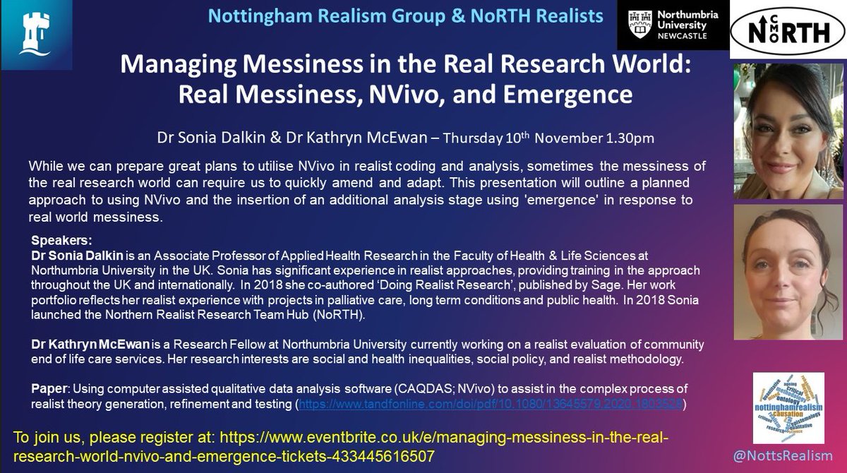 Please see details of our next event with the @NRealists. @SoniaDalkin and @KatyJMc will be dicussing Messiness in the Real Research World on the 10th November at 1.30pm. Please click here to book eventbrite.co.uk/e/managing-mes…