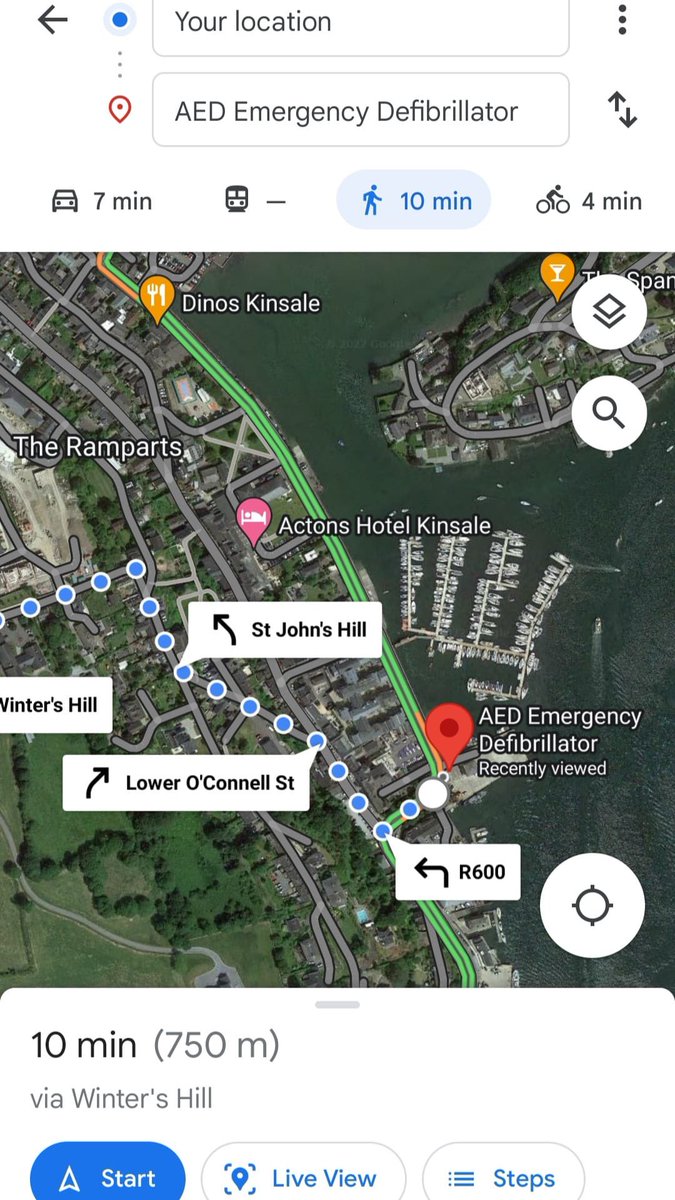 KinsaleCFR's tweet photo. You can now map the locations of our defibrillators in Kinsale when you put ‘AED’ or ‘defibrillator’ into google maps.  Make sure you have an idea where they are located as you never know when you might need life saving equipment ❤️ https://t.co/2S18IXtiMv