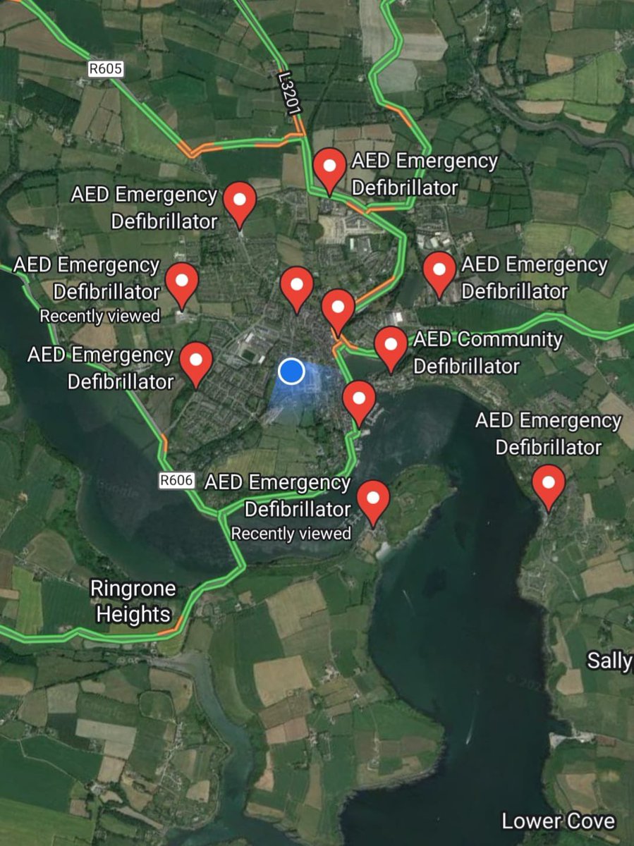 KinsaleCFR's tweet photo. You can now map the locations of our defibrillators in Kinsale when you put ‘AED’ or ‘defibrillator’ into google maps.  Make sure you have an idea where they are located as you never know when you might need life saving equipment ❤️ https://t.co/2S18IXtiMv