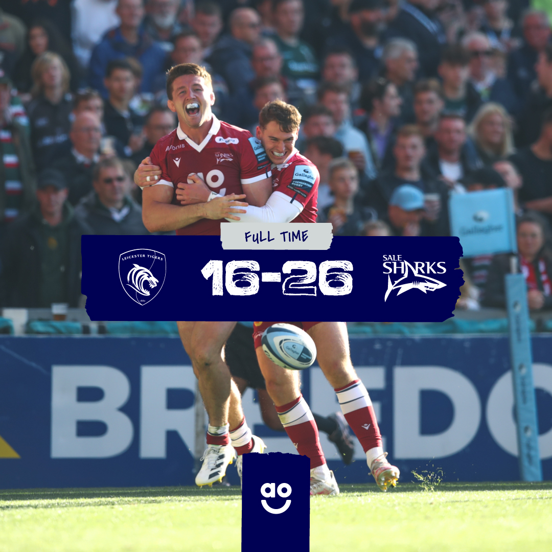 SaleSharksRugby's tweet photo. 𝗙𝗨𝗟𝗟-𝗧𝗜𝗠𝗘 | 🐯 16-26 🦈

𝙏𝙄𝙂𝙀𝙍𝙎 𝙏𝘼𝙈𝙀𝘿. 

What a day at Welford Road, thanks to @LeicesterTigers  for a great contest as usual and to the #SharksFamily on the road! - We heard you! 🗣️

#LEIvSAL | #GallagherPrem https://t.co/qZcwHxZJR6