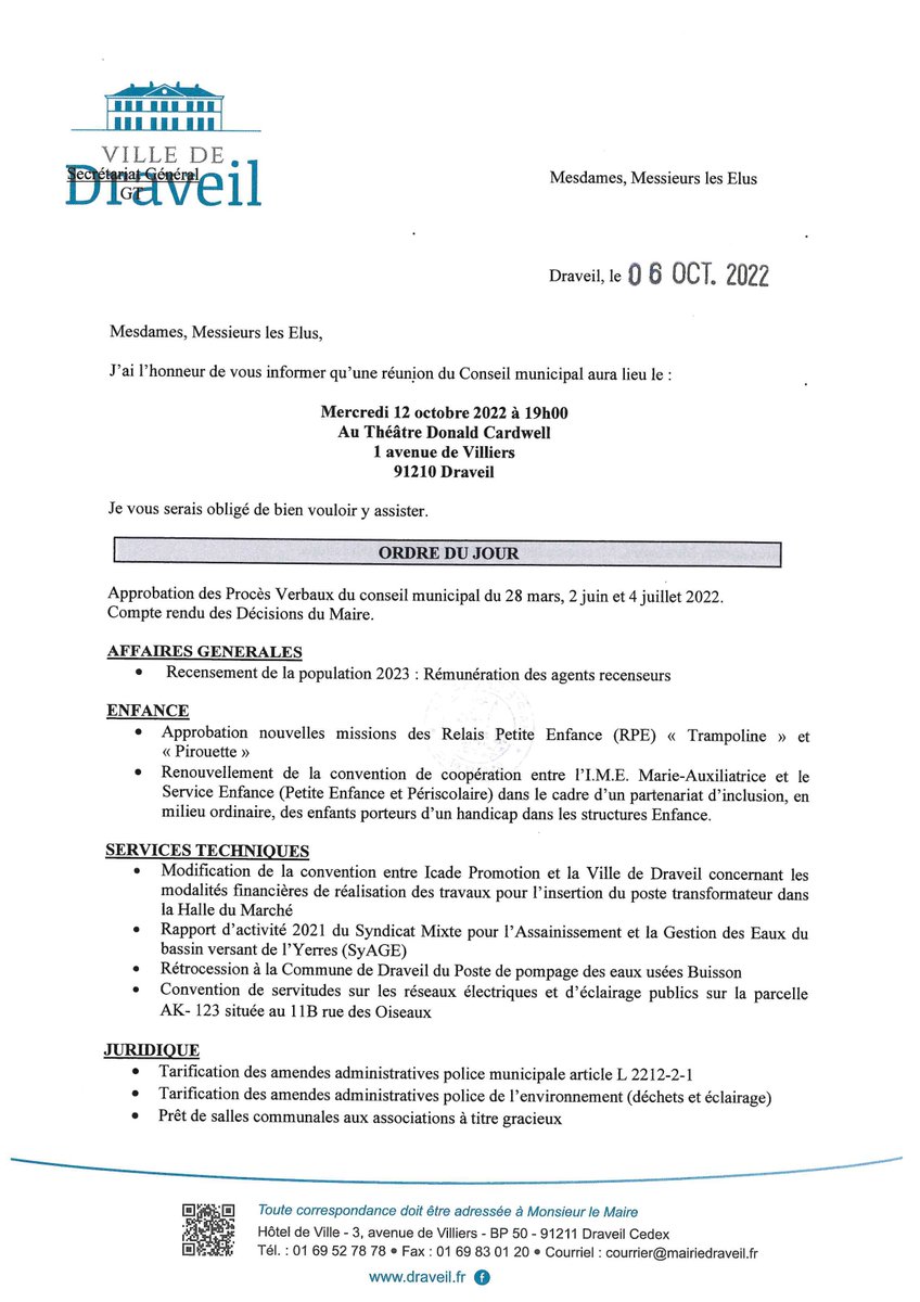 drav_transition's tweet photo. Rendez-vous mercredi 12 octobre au Théâtre Donald Cardwell pour un Conseil municipal @VilledeDraveil https://t.co/X9JEGcwuZF