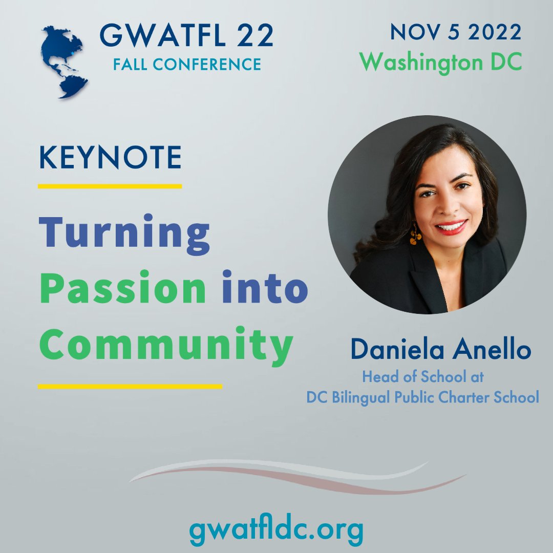 <a href="/DanielaAnello82/">Daniela Anello</a>, Head of School at <a href="/DCBilingual/">DC Bilingual PCS</a>, will share her experience growing up as an immigrant, English language learner in public schools and how she channels her passion for bilingual education into building the community she always dreamed about as a child. #GWATFL22