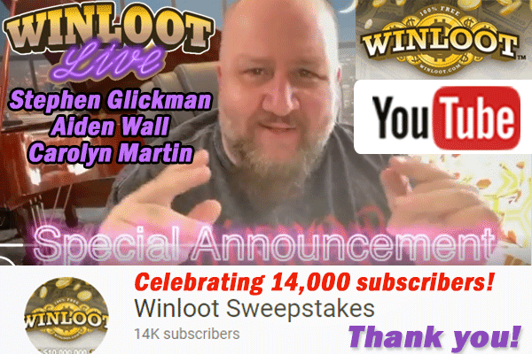 Winloot's tweet photo. 🥳
We are celebrating 14,000 subscribers on YouTube! Thank you! Keep tuning in for exciting new episodes of Winloot Live, #Winner Reveals and more!
📺
Share the fun with your friends: https://t.co/nRHlVlNS69

@StephenGlickman @WinLoot #AidenWall #Winloot #Sweeptakes #WinlootLive https://t.co/beAZVpy75A