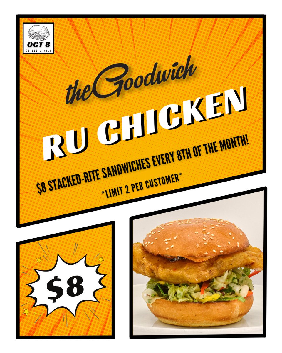 thegoodwich's tweet photo. 🥪 TODAY 🥪

In honor of our #8 ranking on @yelp's "Top 100 Places to Eat in 2022 in the U.S. and Canada" list, every 8th of the month we're going to offer an $8 select sandwich!

October’s #StackedRite special is our RU Chicken — limit 2 per person. See you soon! 👀 https://t.co/birv8NO3EX