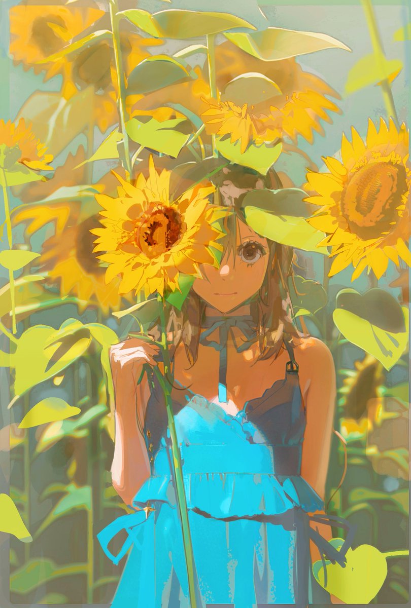 1girl sunflower flower solo dress holding brown hair  illustration images
